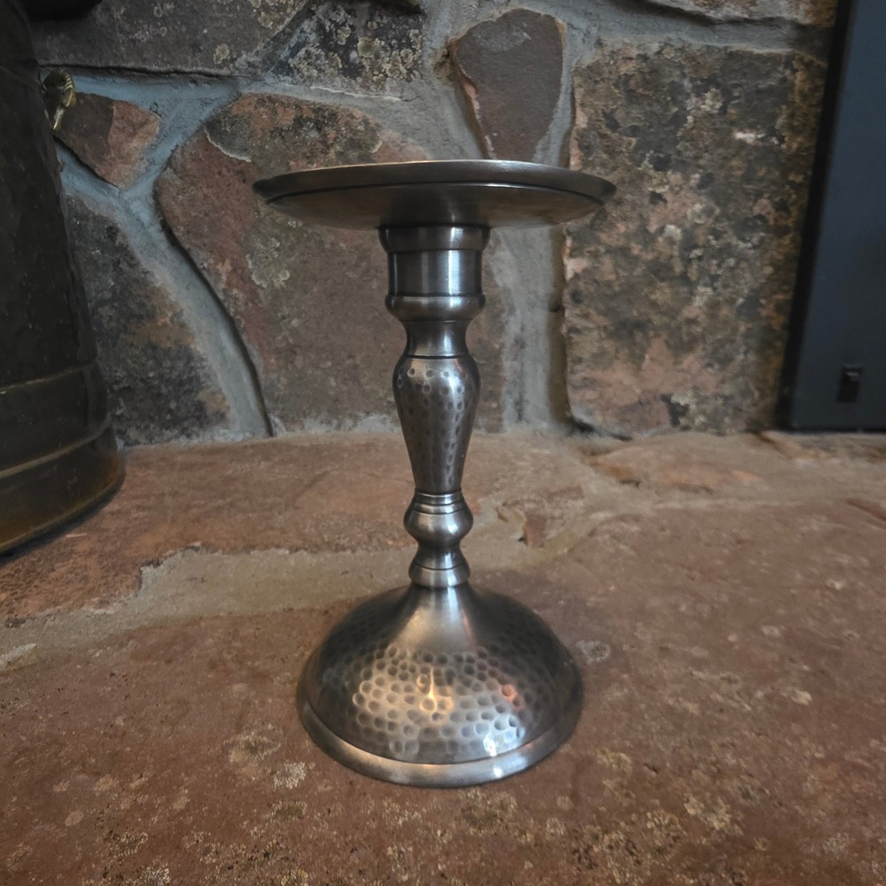 Hammered Metal Pillar Taper Candle Holder Pewter Silver Tone 8.25 Inch Rustic